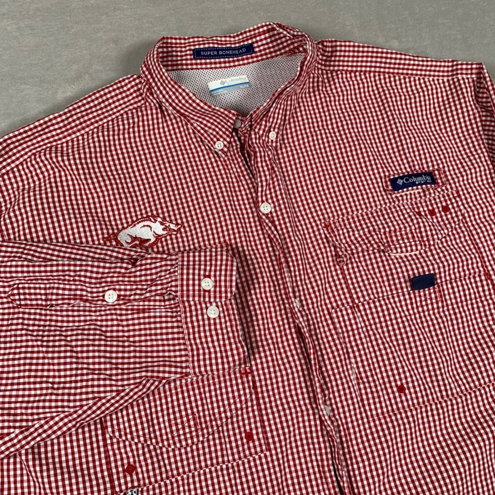Columbia Fishing Shirt Mens XL Red Arkansas Razorbacks Super Bonehead Gingham